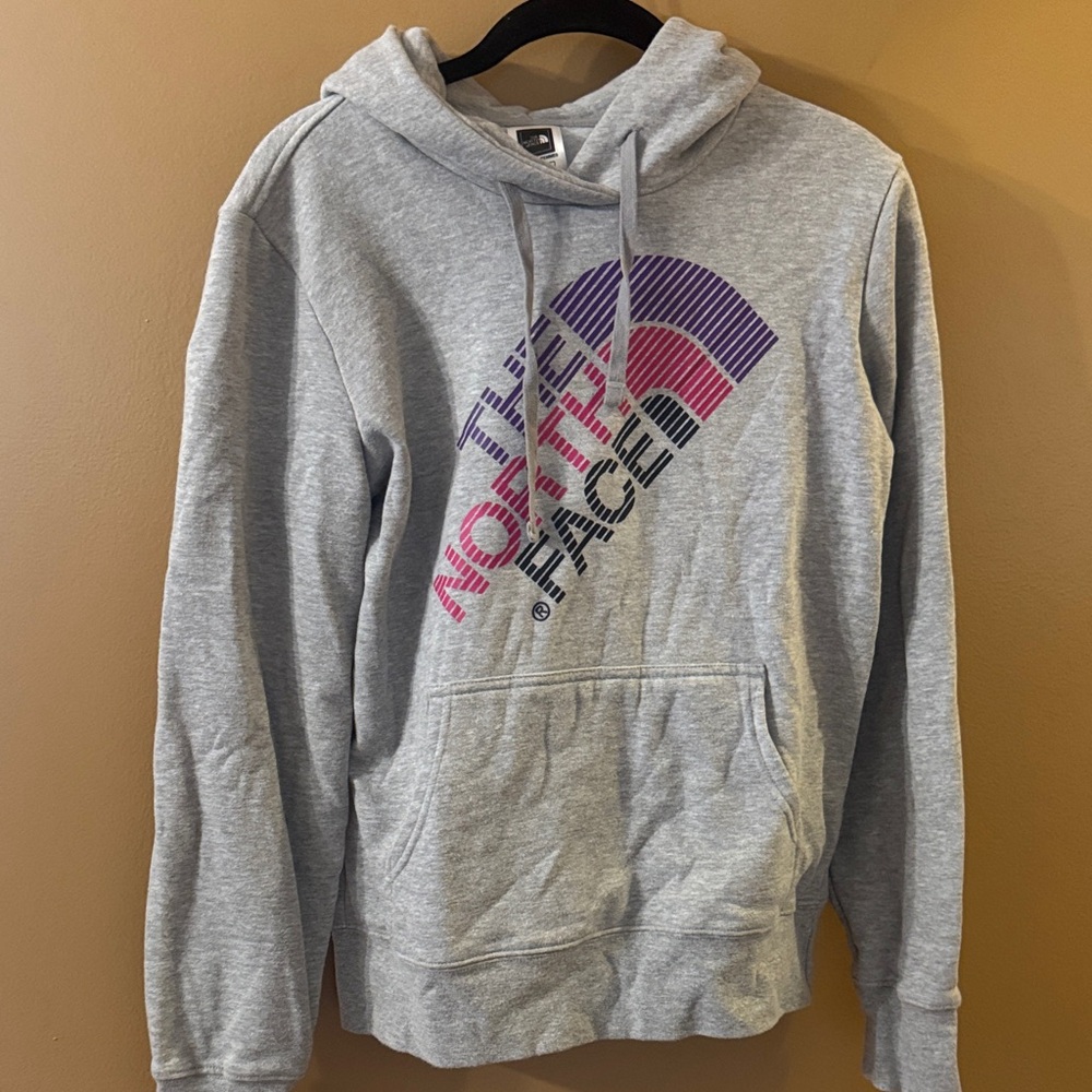The North Face Gray Hoodie with Pink and Purple Accents